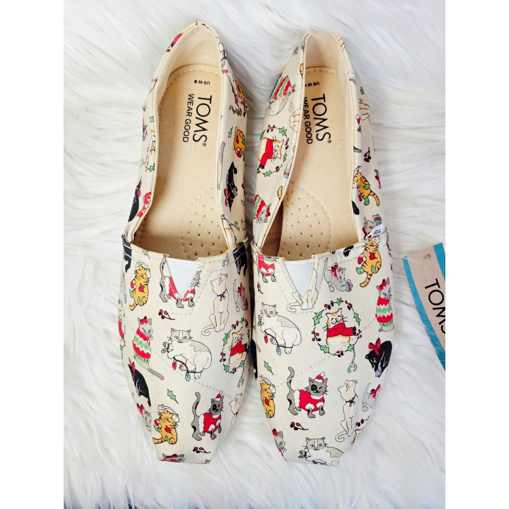 TOMS Women's Slip-On Flat Shoes Canvas Holiday Cats Print US 8 - Read
